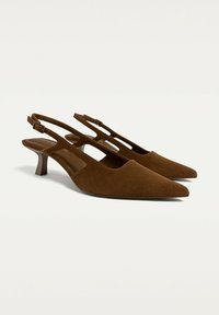 Décolleté in suede marrone con punta affilata, design a taglio e tacco a blocco di 5 cm; cinturino regolabile con chiusura a fibbia.