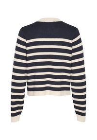 Navy and cream striped sweater with a round neckline, long sleeves, and ribbed hem. Made from soft knit material, it features horizontal stripes.