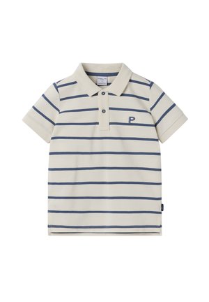 Roomkleurig poloshirt met korte mouwen, navy blauwe horizontale strepen, twee knopen aan de voorkant en een kleine "P" geborduurd op de linkerborst.