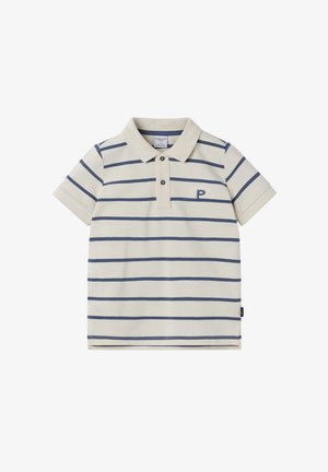 Cremefarvet polo med korte ærmer, navyblå vandrette striber, to knapper foran og et lille broderet "P" på venstre bryst.