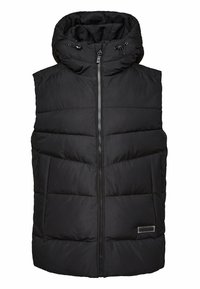 Černá péřová vesta s vysokým límcem, zipem vpředu a dvěma předními kapsami. Texturovaná tkanina s prošívanými částmi a malým logem jako akcent.
