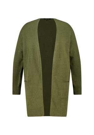 Cardigan vert avec une coupe décontractée, devant ouvert, deux poches latérales et des poignets côtelés. Texture douce avec un design uni.