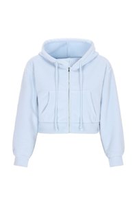 Felpa corta azzurro chiaro realizzata in tessuto morbido, con zip frontale, due tasche anteriori e cordini regolabili sulla cappuccio.