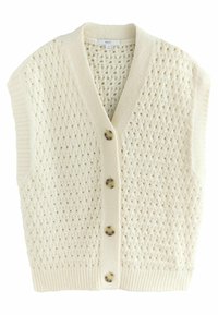 Gilet tricot crème à coupe lâche, présentant un motif en losange, un col en V et cinq boutons ronds sur le devant. Bords côtelés texturés.