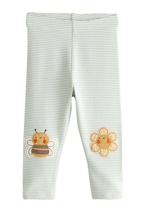 Legginsy dla niemowląt z cienkimi poziomymi paskami w jasnym zielonym i białym kolorze, ozdobione uśmiechniętą pszczółką na lewym kolanie i uśmiechniętym kwiatem na prawym kolanie.