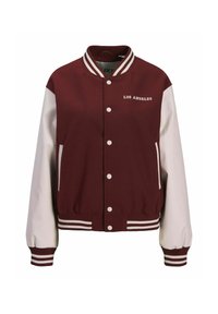 Veste varsity bordeaux avec des manches en cuir blanc, des poignets côtelés rayés, une fermeture à boutons, et le texte "LOS ANGELES" sur la poitrine.
