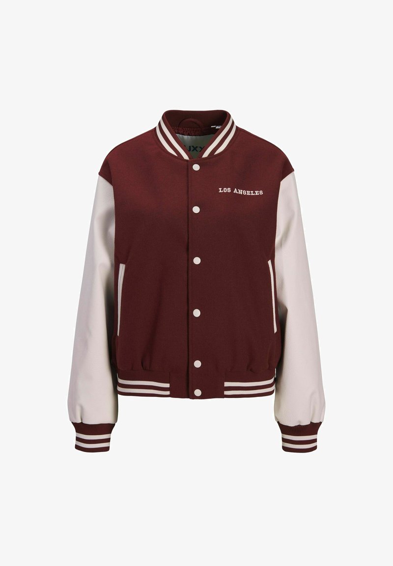 Veste varsity bordeaux avec des manches en cuir blanc, des poignets côtelés rayés, une fermeture à boutons, et le texte "LOS ANGELES" sur la poitrine.