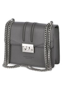 Gray leather handbag with a textured finish, silver-tone chain strap, and a clasp closure. Features vertical seam detailing on the flap.