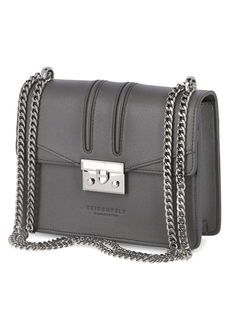 Gray leather handbag with a textured finish, silver-tone chain strap, and a clasp closure. Features vertical seam detailing on the flap.