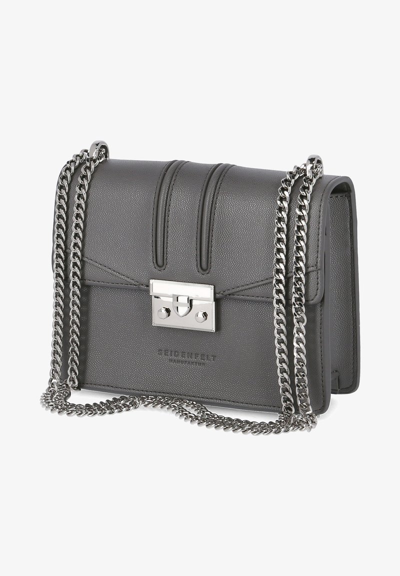 Gray leather handbag with a textured finish, silver-tone chain strap, and a clasp closure. Features vertical seam detailing on the flap.