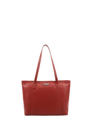 Red leather tote bag with two long handles and minimal stitching, shown against a white background.