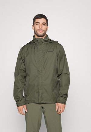 Water-resistant green jacket with a hood, featuring a front zipper, adjustable cuffs, and a logo on the left chest. Smooth texture.