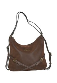 Bolso de hombro de cuero sintético marrón con parte superior curva, correa negra ajustable, tiras decorativas cruzadas y un sutil detalle de logotipo dorado.
