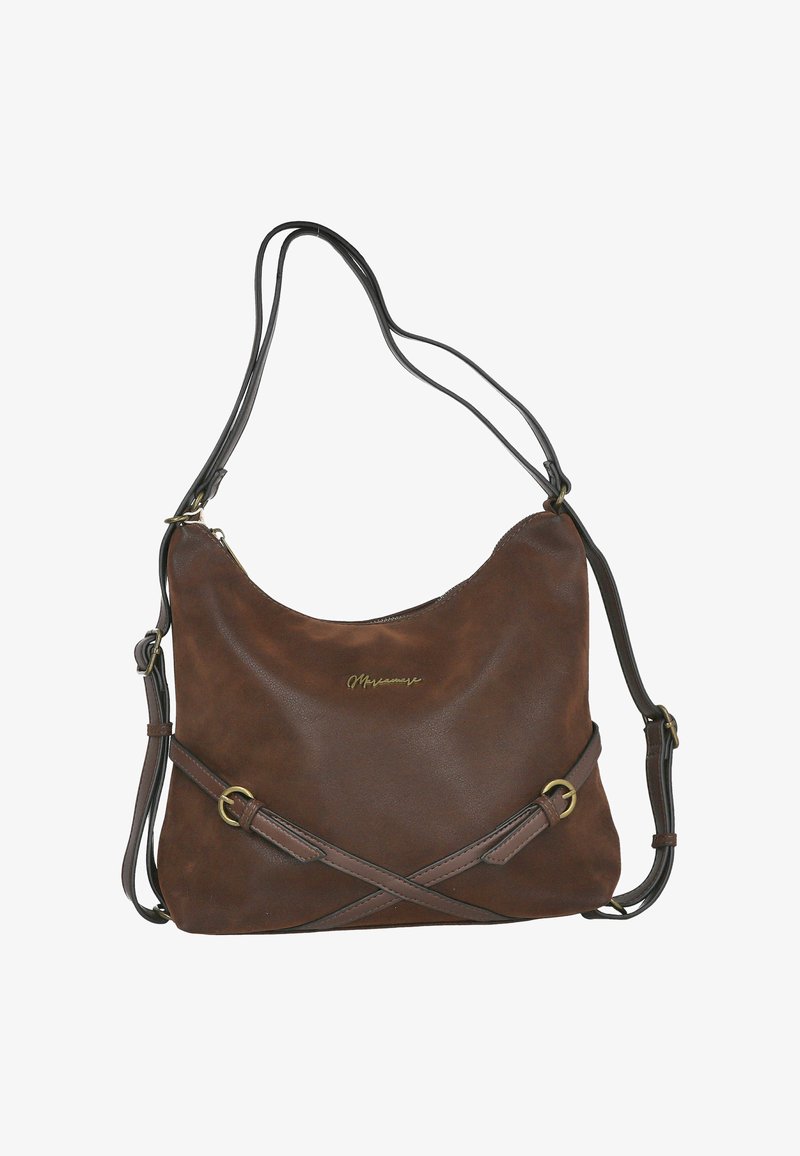 Bolso de hombro de cuero sintético marrón con parte superior curva, correa negra ajustable, tiras decorativas cruzadas y un sutil detalle de logotipo dorado.