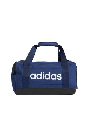 Borsa sportiva Adidas blu navy con fondo nero, due manici e grande logo bianco Adidas sulla tasca frontale.