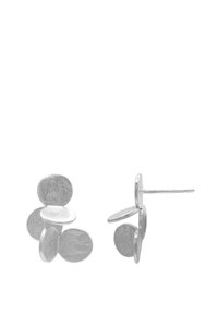 Sølvmetalløredobber med flere flate, runde skiver med strukturt overflate. Designs inkluderer stifter for sikker bruk.