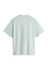 Maglietta di cotone verde menta con maniche corte e colletto girocollo, caratterizzata da una texture liscia e una vestibilità comoda, vista da dietro.