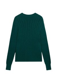 Grüner gestrickter Pullover mit einer strukturierten Zopfmitte, runder Ausschnitt und langen Ärmeln, abgeschlossen mit einem gerippten Saum und Bündchen.