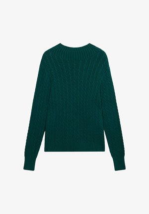 Vihreä neulepaita, jossa on teksturoitu nuorakuvio, pyöreä kaula-aukko ja pitkät hihat, viimeistelty ribbireunuksilla ja hihansuilla.