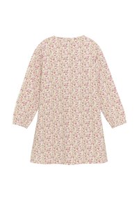 Blomsterprintet kjole i lys beige med rosa og grønne accenter; lange ærmer og rund halsudskæring, med en afslappet pasform og blød tekstur.
