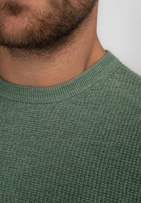 Maglione verde a maglia con scollatura rotonda. La trama è a costine, con un motivo sottile. Il tessuto appare morbido e flessibile.