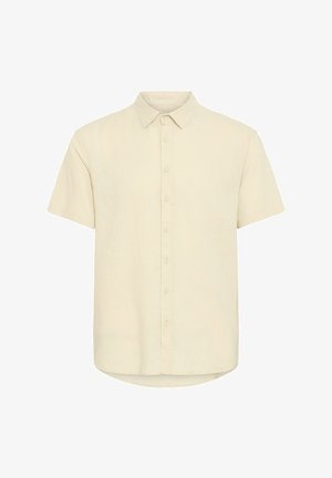 Kurzärmliges, blusiges Hemd aus leichtem, beigem Leinen; verfügt über einen klassischen Kragen und einen geschwungenen Saum mit einer lockeren Passform.