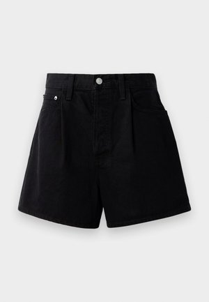 Zwarte denimshorts met een rechte snit, voorzien van een knoopsluiting, twee voorzakken en een zachte, gestructureerde stof.