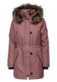 Parka matelassée rose avec capuche en fausse fourrure, taille à cordon, boutons-pressions, deux poches avant et poignets côtelés.