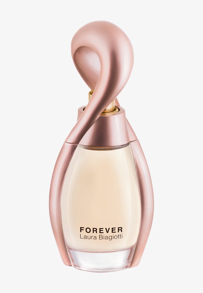 Parfümflasche mit einem geschwungenen, pinkfarbenen Metallverschluss und klarem Glasboden, etikettiert mit "FOREVER" von Laura Biagiotti. Glatte Oberfläche mit elegantem Design.