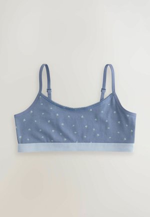 Blaue Baumwoll-Bralette mit strukturiertem Finish, versehen mit einem zarten Blumenmuster und hellblauen Akzenten. Verstellbare Träger und weicher Stoff.