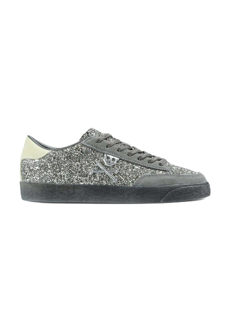 Glittery grey sneakers with a suede upper, black rubber sole, and silver skull crossbones detail on the side. Lace-up design.