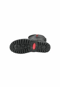 Black leather boot sole featuring deep tread for traction, a red accent near the heel, and a durable construction for outdoor use.