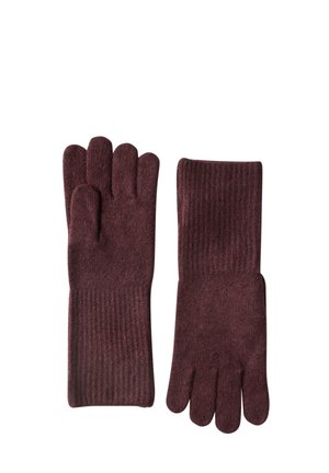 Paire de longs gants tricotés bordeaux foncé avec poignets côtelés, présentés à plat sur un fond blanc.