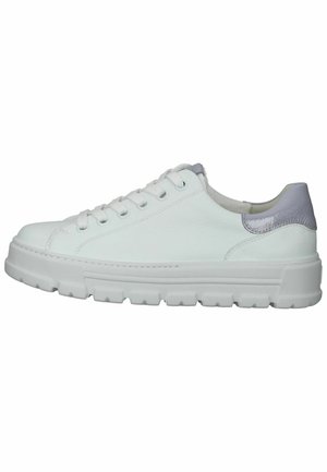 White leather sneaker with a chunky sole, textured accents in light gray, lace-up design, and rounded toe, suitable for casual wear.