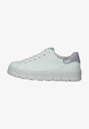 White leather sneaker with a chunky sole, textured accents in light gray, lace-up design, and rounded toe, suitable for casual wear.