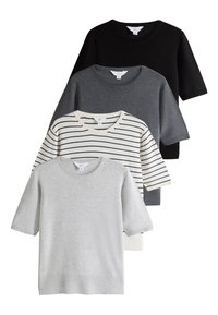 Set od četiri kratkih majica s kratkim rukavima u crnoj, sivoj, svijetlosivoj i bijeloj boji s horizontalnim prugama. Meki materijal s okruglim izrezom na vratu.