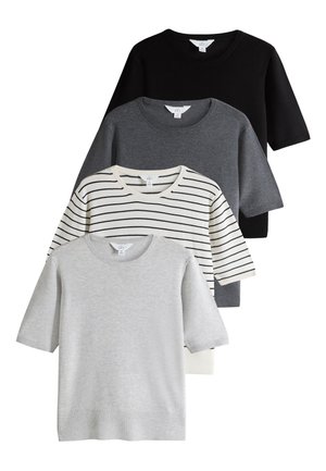 Set aus vier kurzärmeligen T-Shirts in Schwarz, Grau, Hellgrau und Weiß mit horizontalen Streifen. Weicher Stoff mit rundem Ausschnitt.