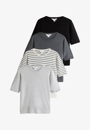 Zestaw czterech t-shirtów z krótkim rękawem w kolorach czarnym, szarym, jasnoszarym i białym, ozdobionych poziomymi paskami. Miękka tkanina z okrągłymi dekoltami.