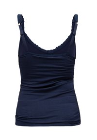Granatowy top na ramiączkach z regulowanymi paskami, koronkowym wykończeniem przy dekolcie oraz dopasowanym, miękkim w dotyku materiałem, który gładko się układa.