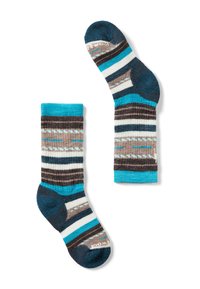 Calcetines de punto con un patrón combinado de rayas marrones, crema y azules con acentos en azul, puño acanalado y puntera reforzada.