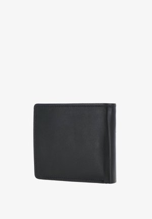 Schwarze Leder-Bifold-Geldbörse mit sichtbaren Nähten, geschlossen, vor weißem Hintergrund dargestellt.