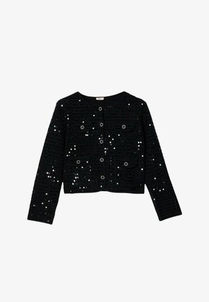 Giacca corta nera con dettagli in paillettes, due tasche frontali, bottoni circolari e scollatura rotonda con tessuto strutturato.