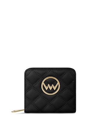 Black quilted leather wallet featuring a gold circular logo on the front, with a zipper compartment and textured surface.