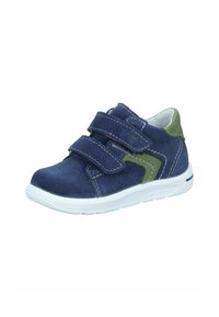 Blue suede children's shoe with green accents, two Velcro straps, white rubber sole, and contrasting stitching details.
