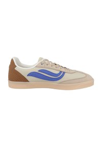 Sneakers con tomaia in tela beige, design a onde blu, dettagli marroni e una leggera suola in gomma. Presenti lacci e dettagli cuciti.