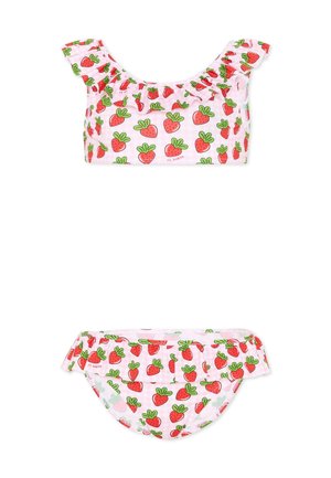 Maillot de bain deux-pièces pour filles avec fond rose et motif fraises rouges, avec un volant en haut et en bas.