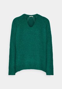 Pull vert foncé en maille, à manches longues, avec un col rond et une texture côtelée.