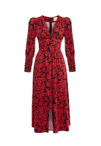 Czarna midi sukienka z długim rękawem w czerwony wzór róży, dekolt w serek, marszczone rękawy, dopasowana talia i rozcięcie z przodu.