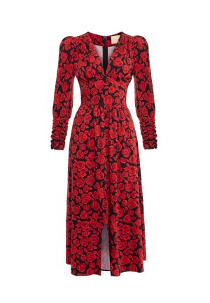 Czarna midi sukienka z długim rękawem w czerwony wzór róży, dekolt w serek, marszczone rękawy, dopasowana talia i rozcięcie z przodu.