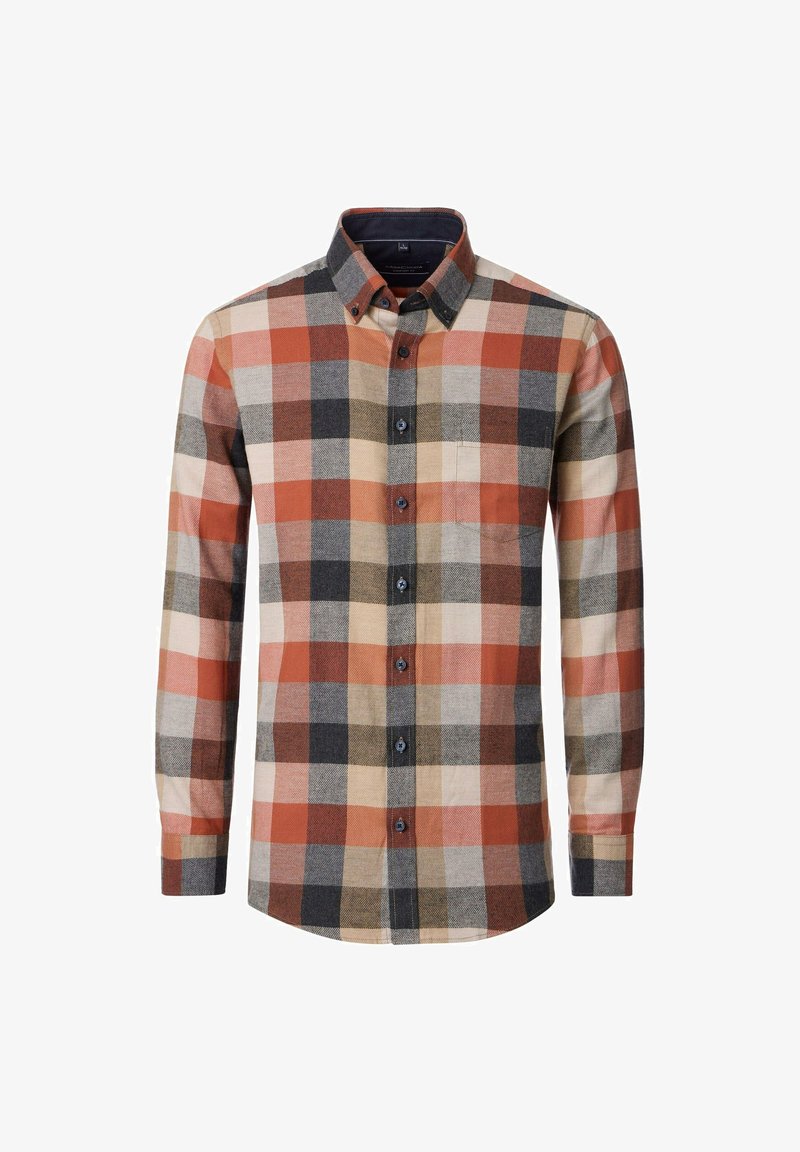 Long-sleeve checkered shirt in red, gray, and beige tones. Features a button-down collar, front pocket, and dark buttons. Cotton material.